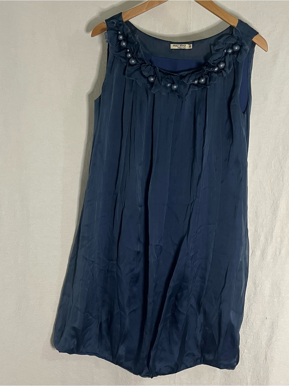 Miu Miu Italy Silk Shift Mini Dress Ruffle Embellished Navy Blue Sz IT 38 US XS